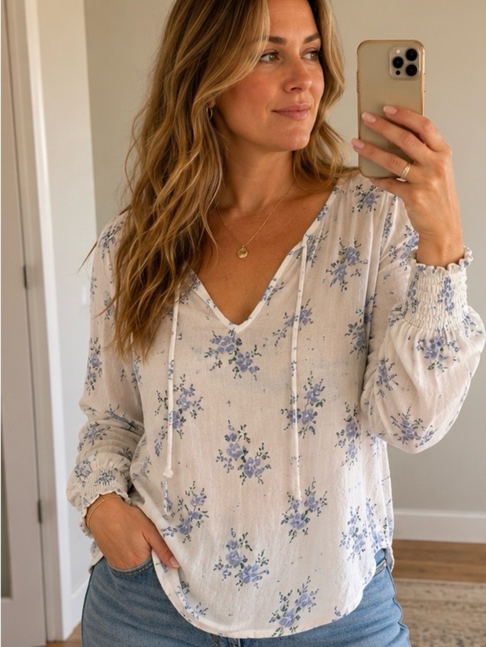 Lucky Brand White Blouse with Blue Floral Print